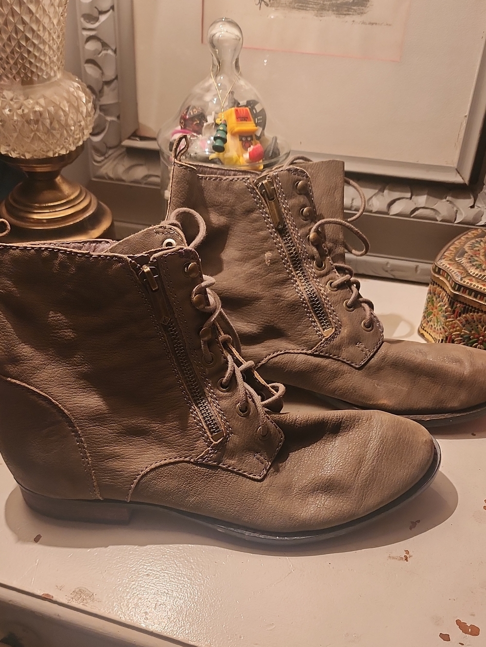 Sam Edelman Taupe Lace-Up Ankle Boots with Side Zip